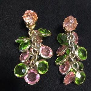 Hong Kong pink green faceted clip earrings Vintage